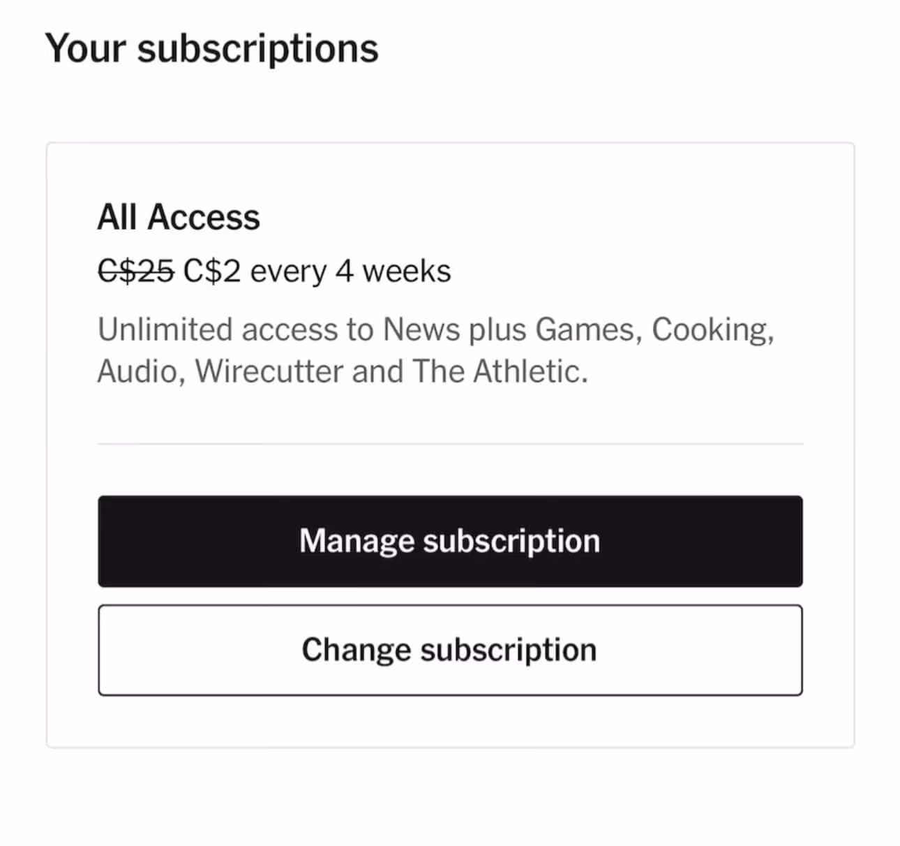 New York Times cancellation flow using ‘Manage Subscription’ wording to reduce churn and improve customer experience. 