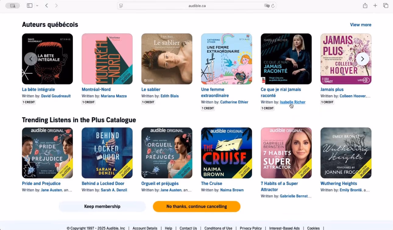 Audible personalized offboarding experience showing tailored value props and local author recommendations. 