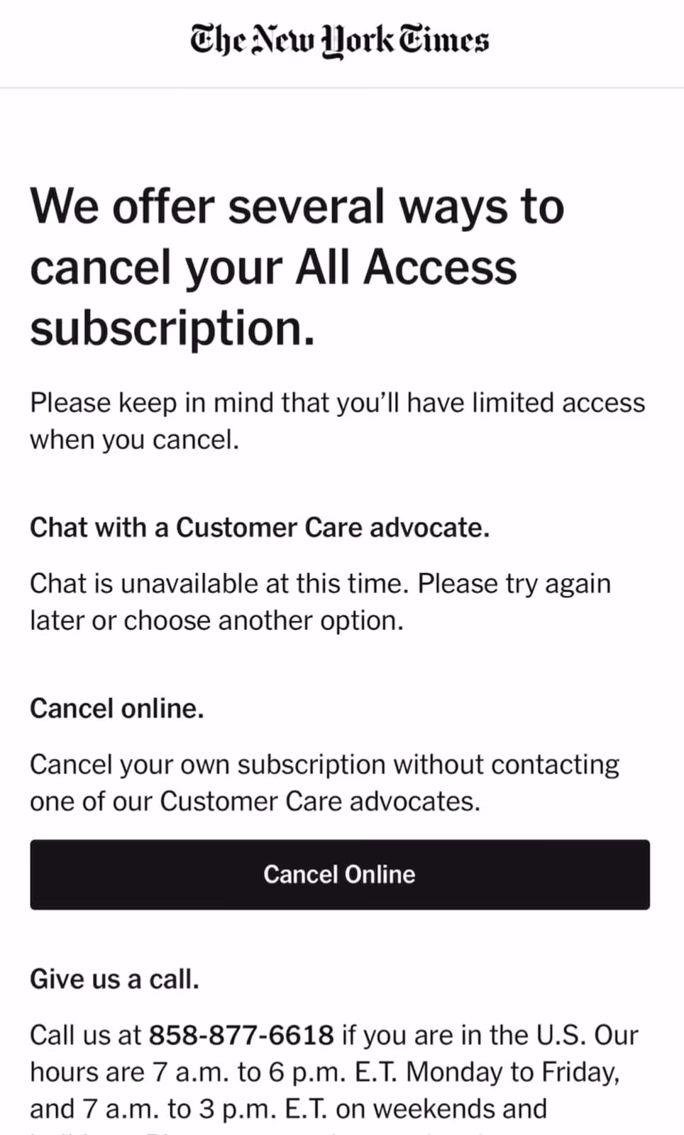 NYT offboarding UX offering to speak with a customer care agent before canceling to improve retention. 