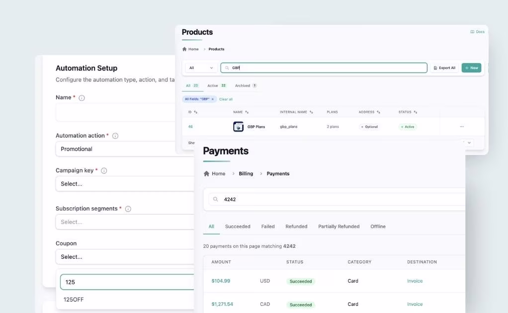 Products search and Payments search screenshots