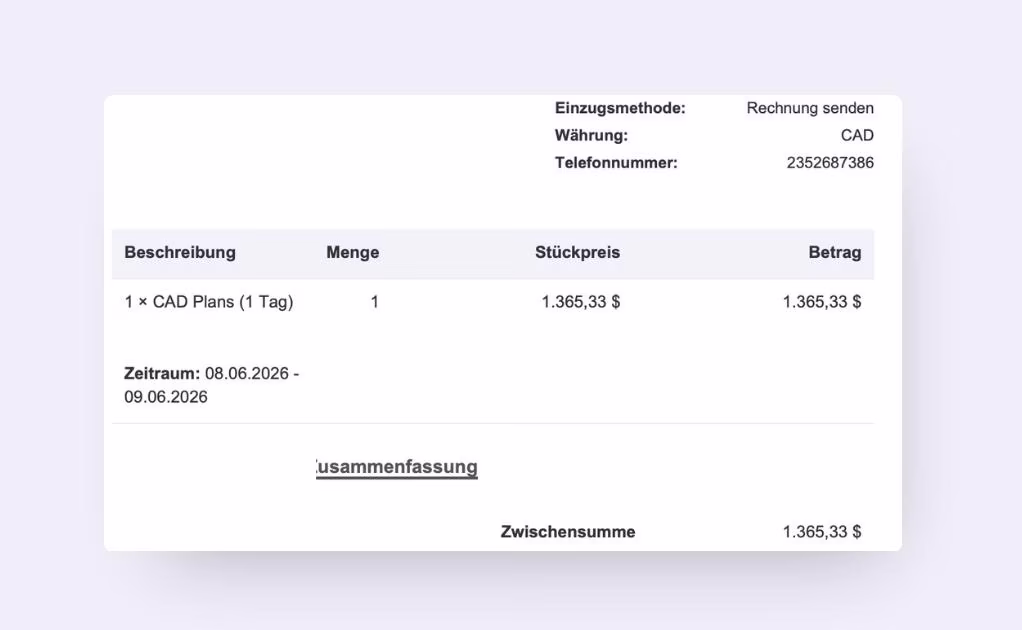 German invoice example showing locale-based formatting