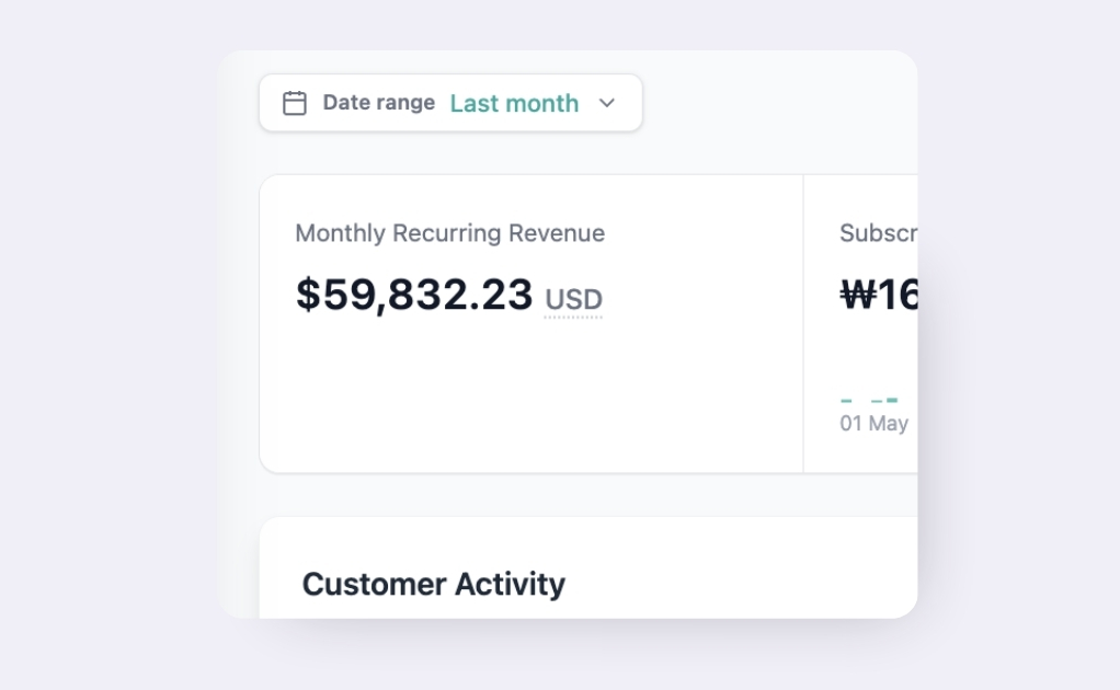 MRR dashboard card showing $59,832.23 USD Monthly Recurring Revenue alongside Customer Activity section