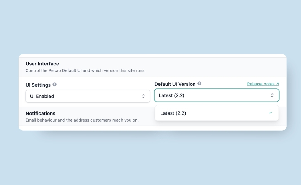 UI versioning settings panel showing Default UI Version selector set to Latest (2.2)