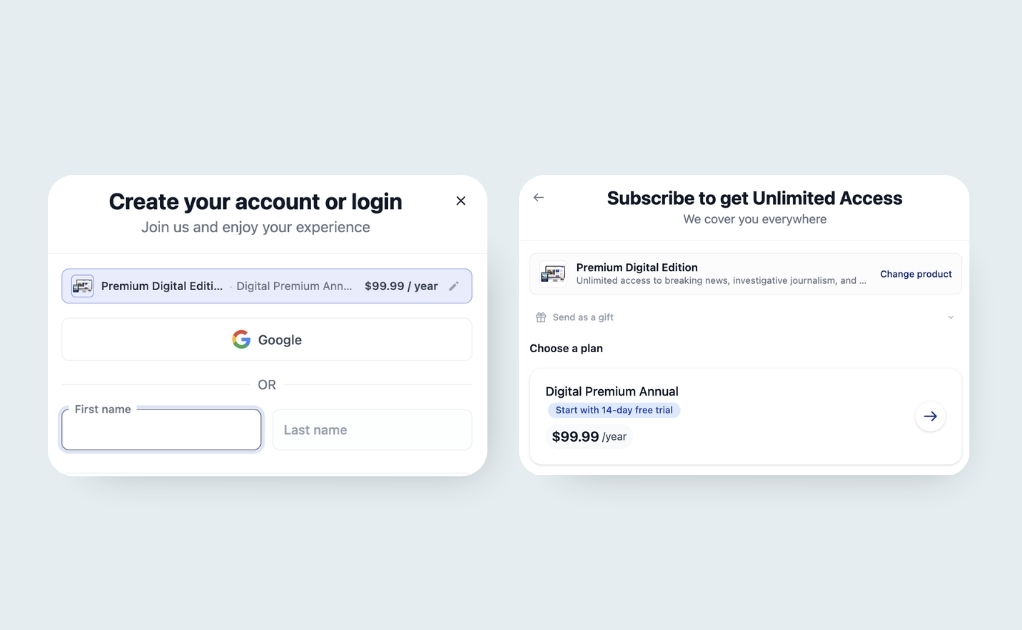 Checkout flow showing preselected Premium Digital Edition plan persisted across Create Account and Subscribe modals