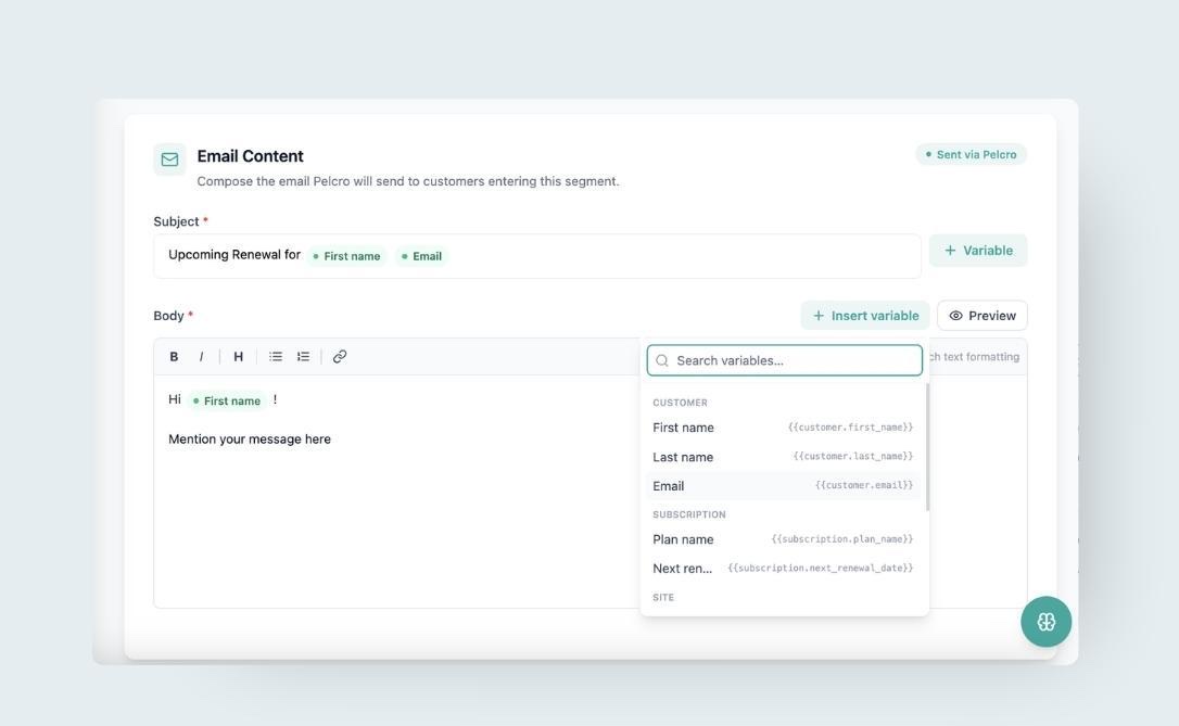 Email Content composer showing subject and body fields with an insert-variable picker grouped by customer, subscription, and site fields