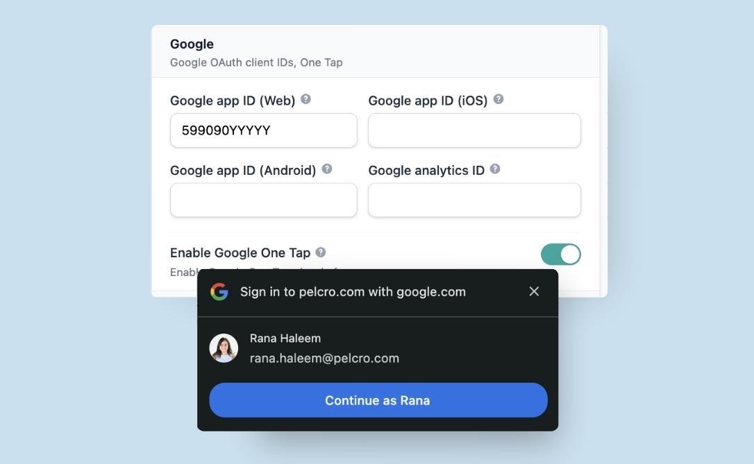 Google settings panel with an Enable Google One Tap toggle switched on and a Google One Tap sign-in prompt appearing on the site