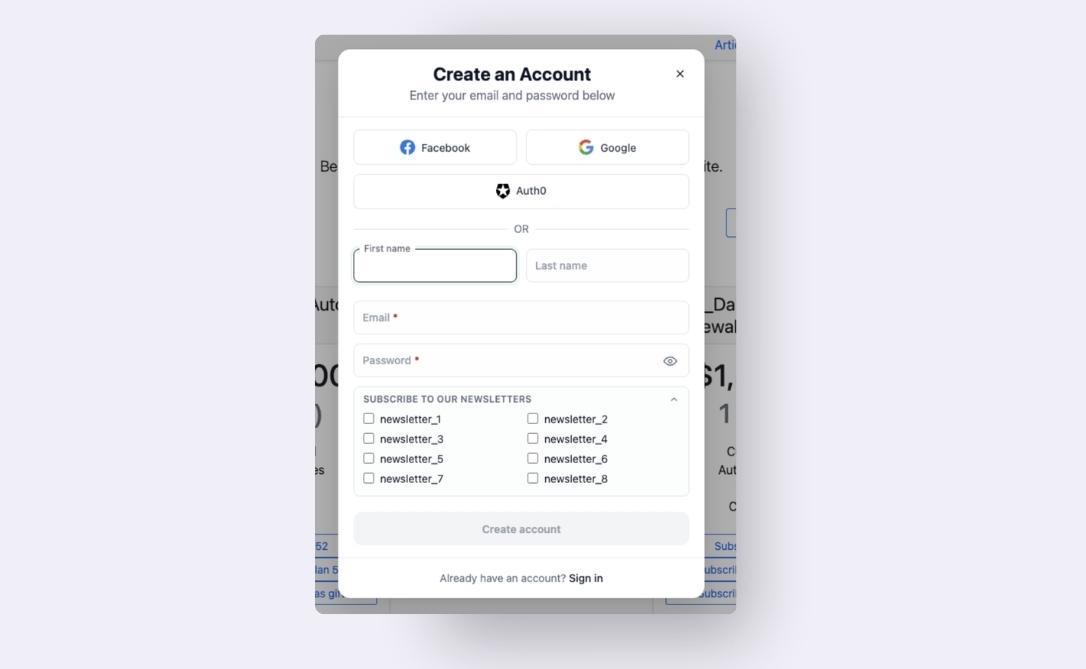 Create an Account modal showing an expanded "Subscribe to our newsletters" section with multiple newsletter checkboxes below the registration fields