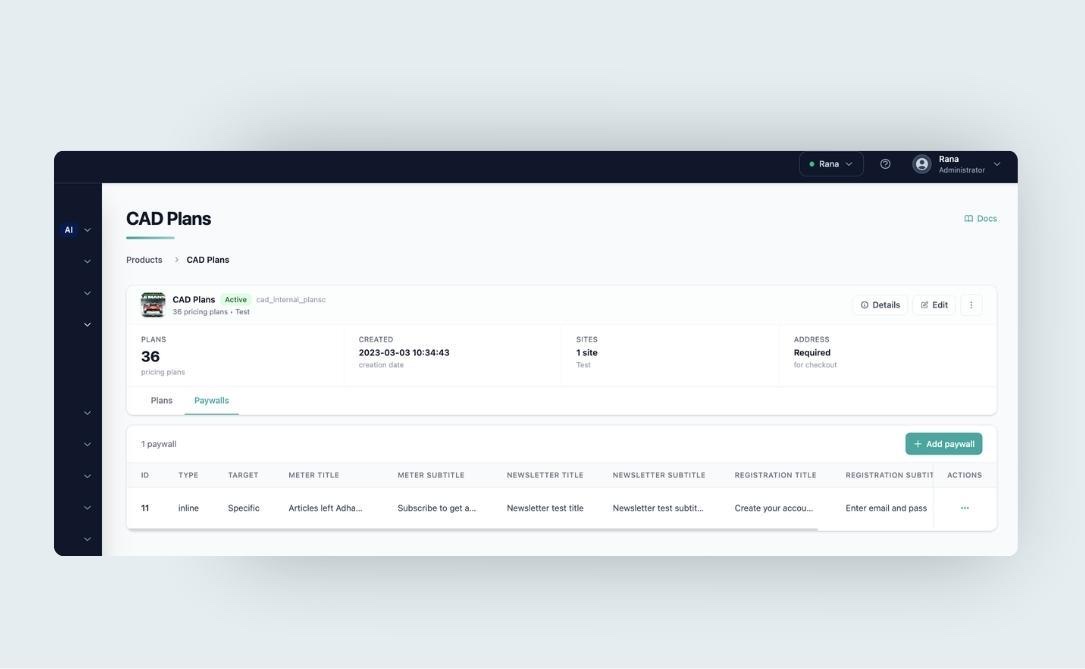 Modernized Plans page showing a CAD Plans product with a Paywalls tab and a paywall table using the platform's standardized UI
