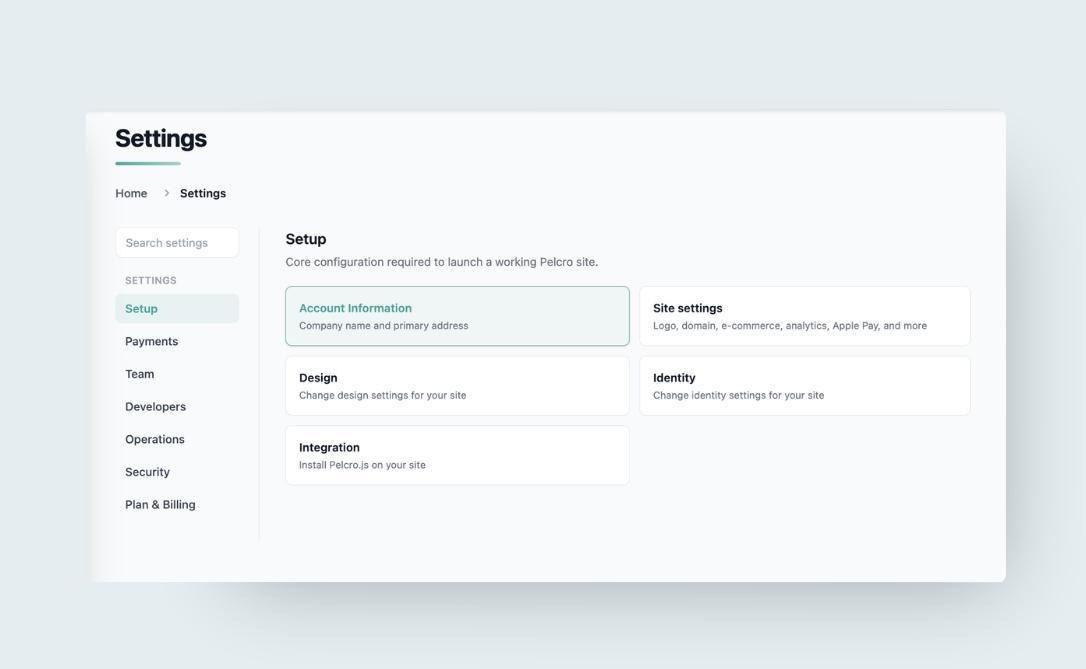 Reorganized Settings page showing a Setup group with Account Information, Site settings, Design, Identity, and Integration cards alongside a grouped settings sidebar
