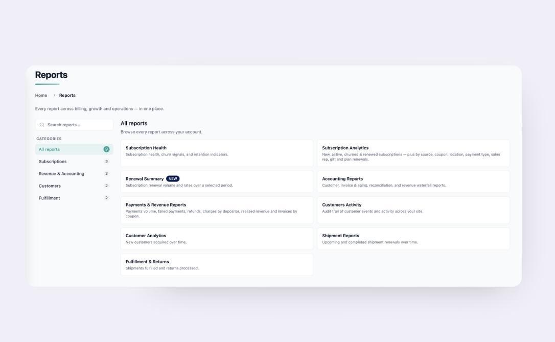 Unified Reports page showing all reports grouped by category β Subscriptions, Revenue & Accounting, Customers, and Fulfillment β with a search bar and category sidebar