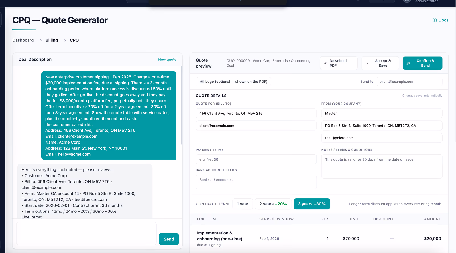 Pelcro CPQ Quote Generator drafting a structured advertising quote from a natural-language deal description, with editable line items and contract-term discounts