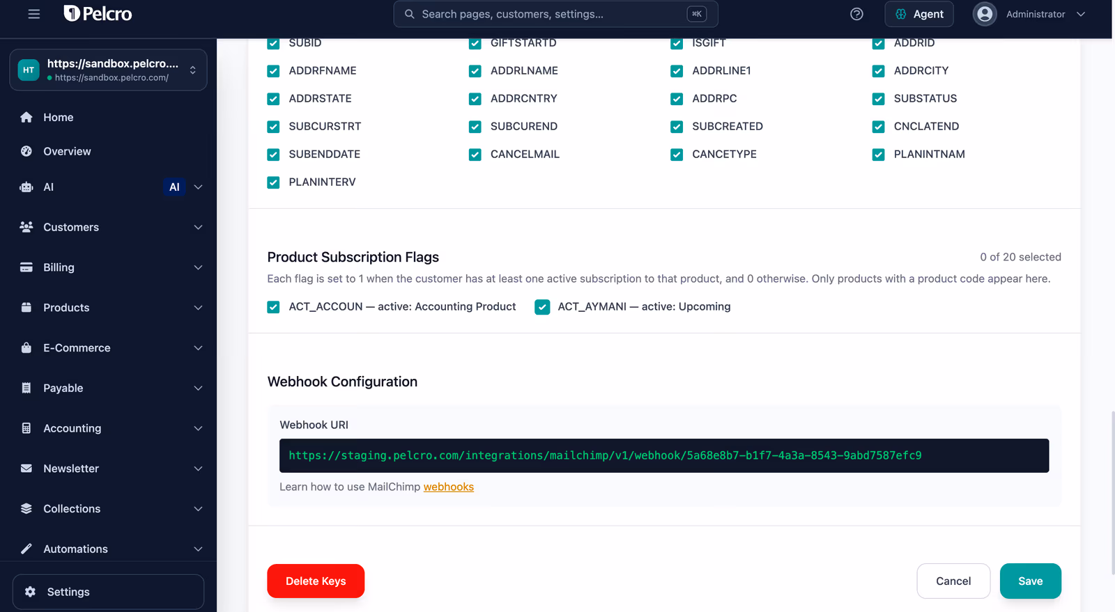 Mailchimp integration settings showing merge tags and Product Subscription Flags such as ACT_ACCOUN and ACT_AYMANI, each set to 1 when the customer has an active subscription