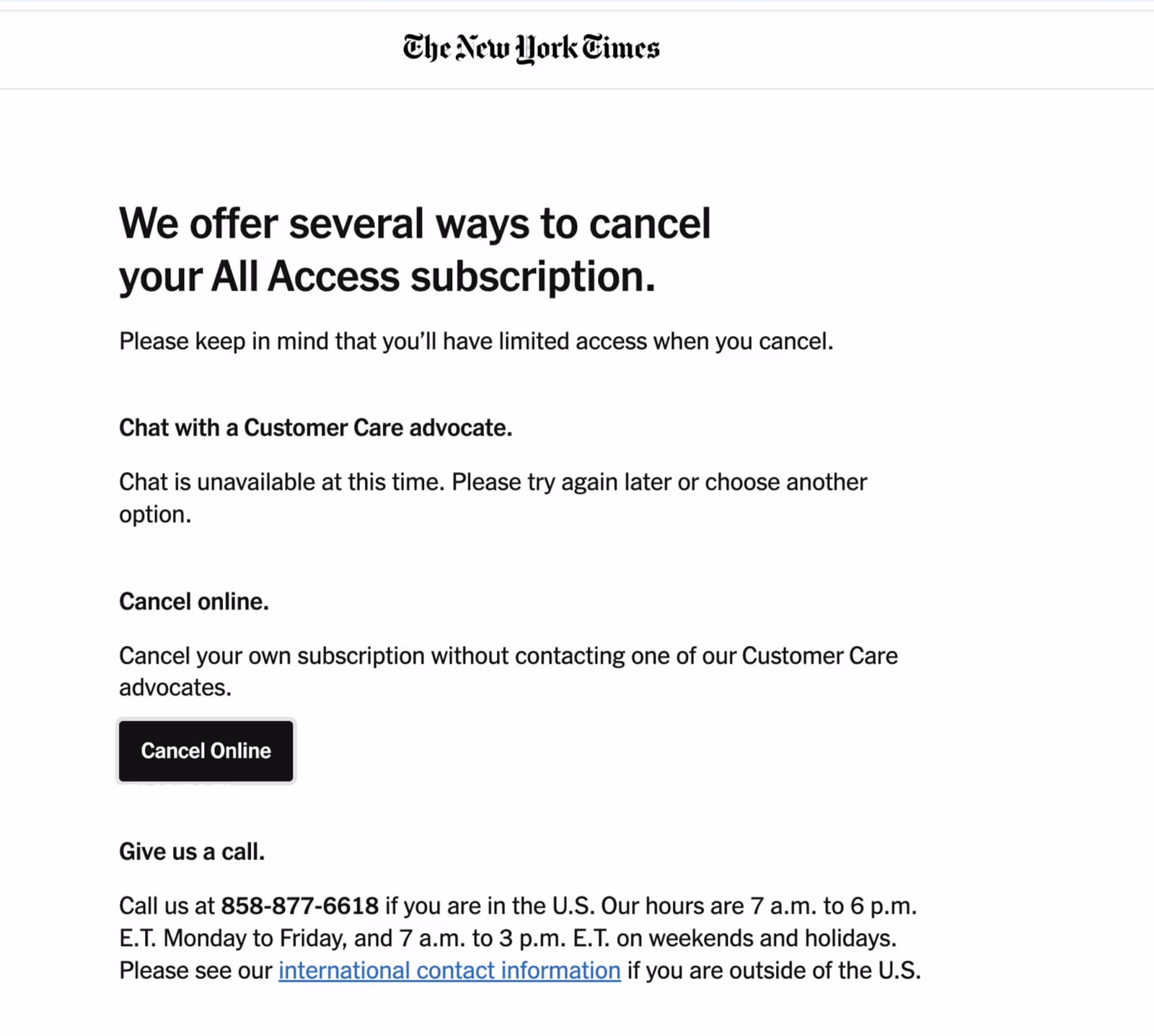 NYT cancellation flow offering online cancel or customer care advocate for retention strategy. 