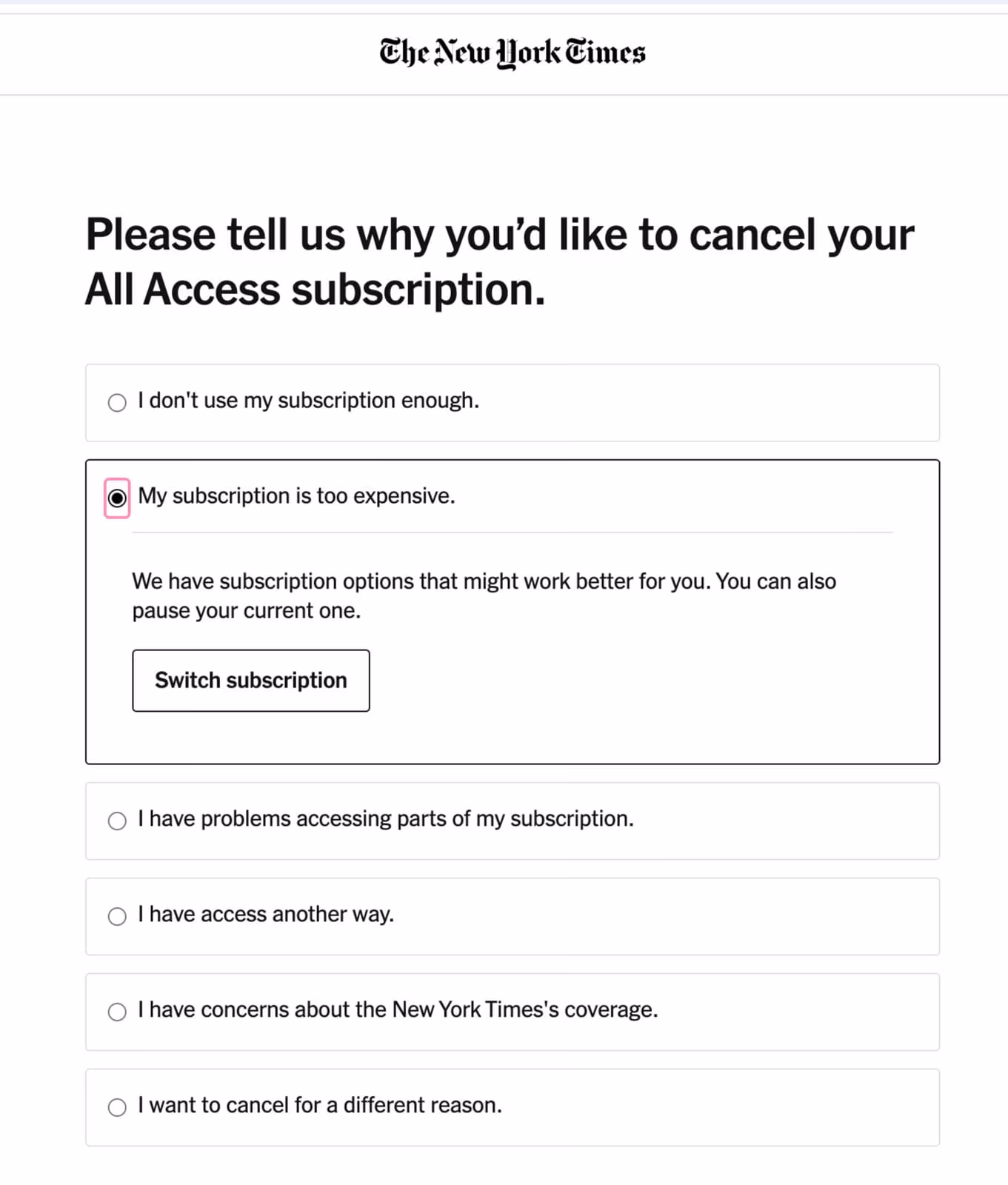 New York Times cancellation survey offering personalized retention options to reduce churn