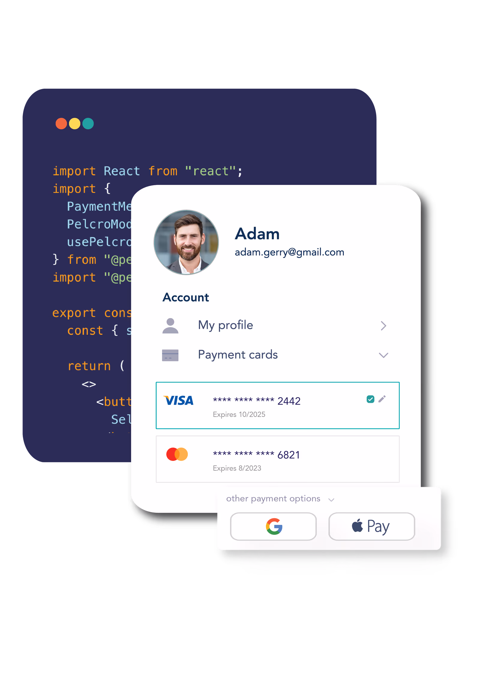 Subscriber payment dashboard with Apple Pay, Google Pay, and saved payment methods