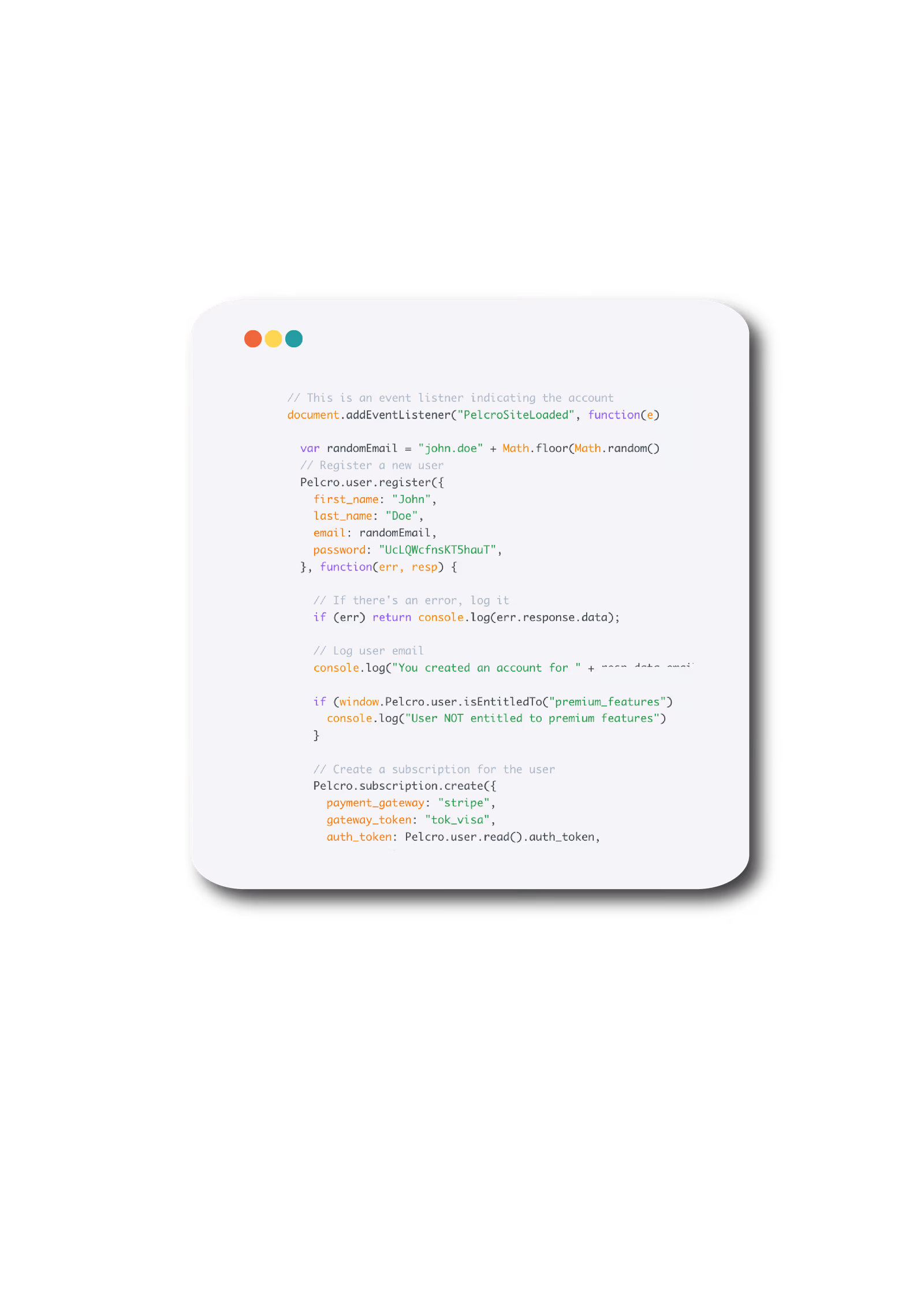 Code mockup showing subscription integration setup